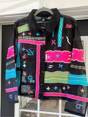 Jeevan vintage black semi-sheer silk art-to-wear button-down blouse